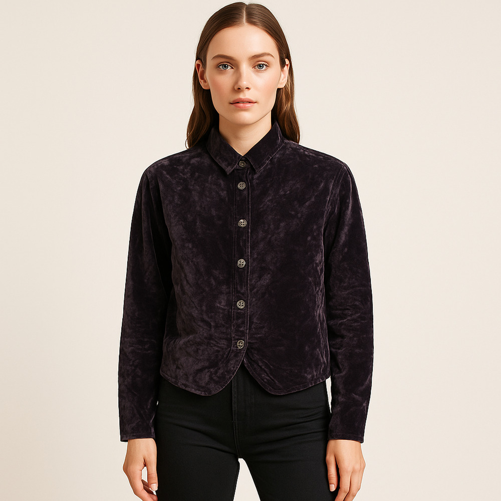 CP Shades Medium Purple Velvet blouse button up Rayon 424-13 style